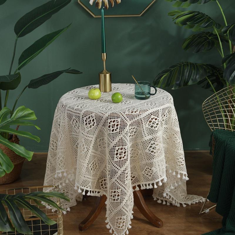 Round Hollow Tassel Knitting Tablecloth Decorative Crochet Tablecloth Outdoor Picnic Dining Table Cover Home Decor Beige
