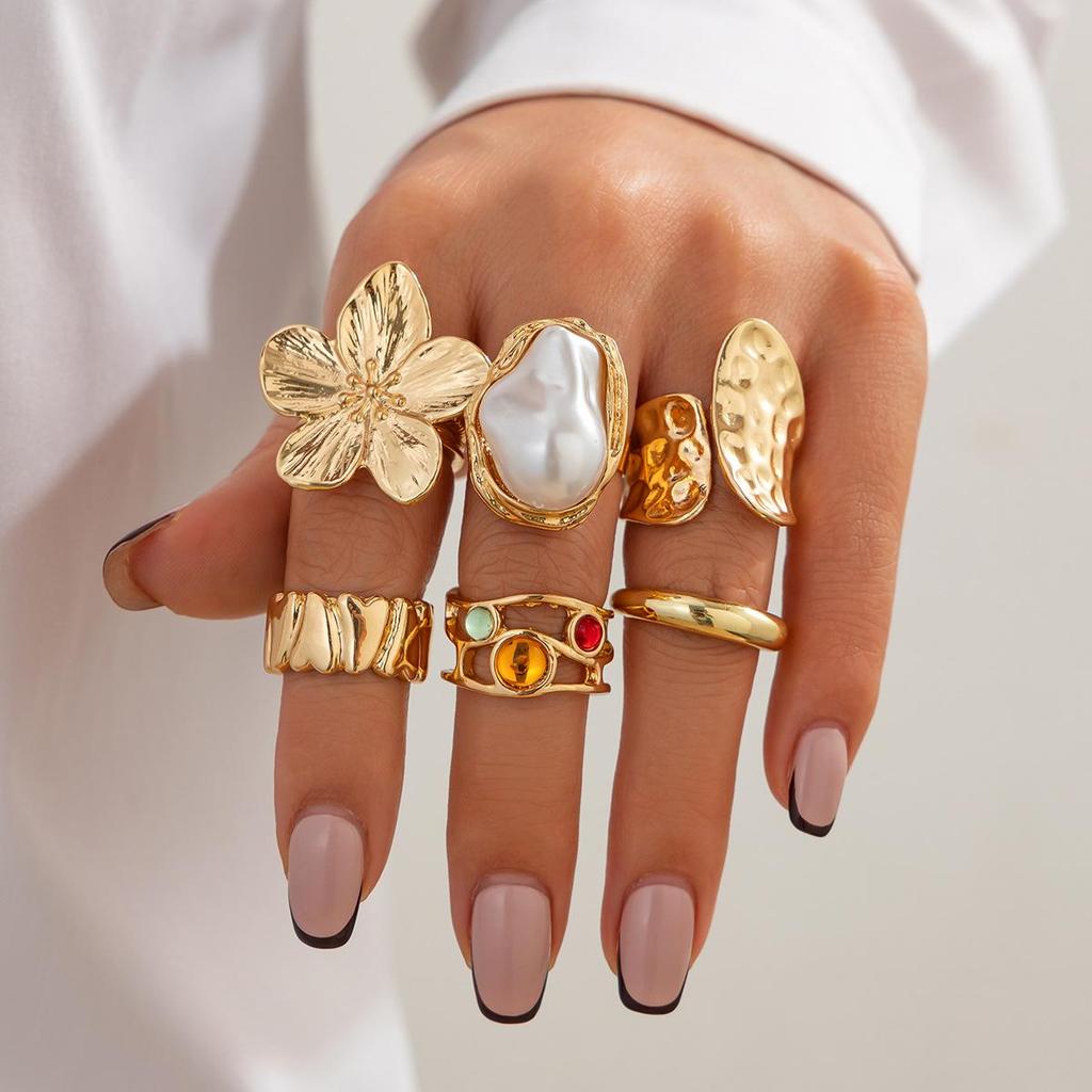 Colorful Crystal Stone Flower Joint Ring Sets for Women Baroque Plastic Simulation Pearl Stone Opening Rings Jewelry Bijoux