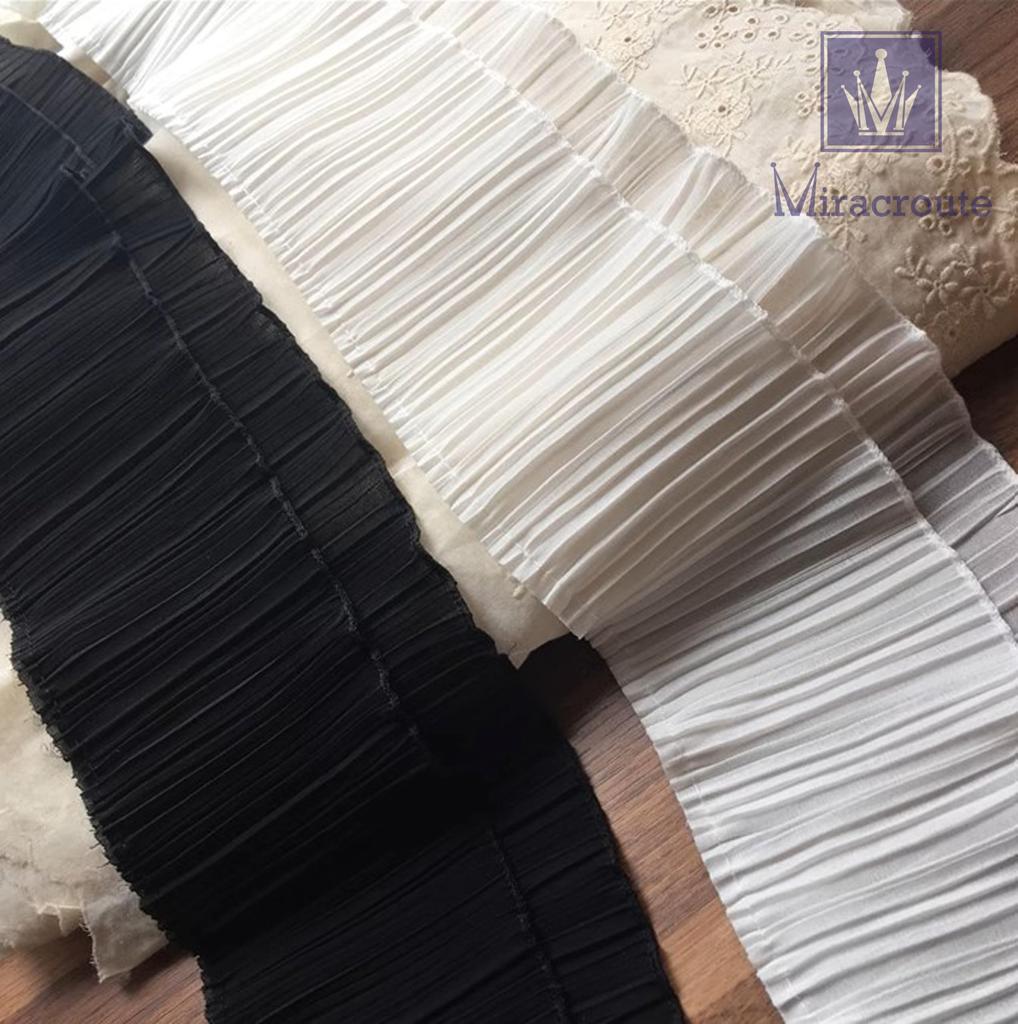 13cm Wide X Long Soft Chiffon Lace Pleated Cute Black and Decorative for Wedding Dresses and Costumes 4.5m Double-Layer Fabric, Ribbon, White, (White)
