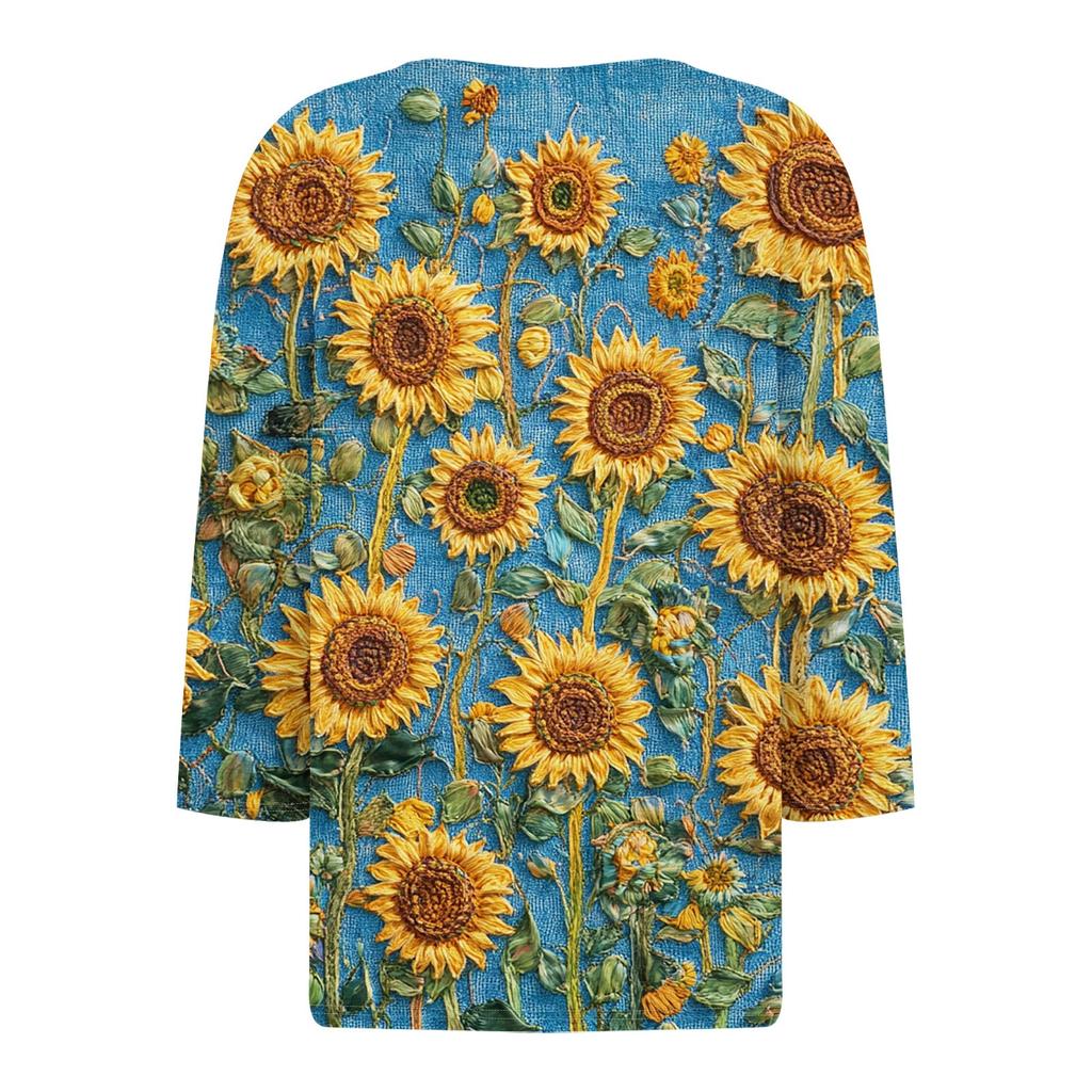 Women's Fashion Casual Floral Print V-Neck Decorative Button Three-quarter Sleeve T-Shirt Top