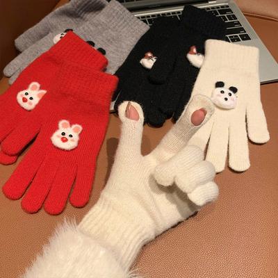 Зимние мультяшные милые теплые перчатки с открытыми пальцами, сенсорные, студенческие, универсальные, для верховой езды, холодостойкие, вязаные перчатки для пальцев, женские
