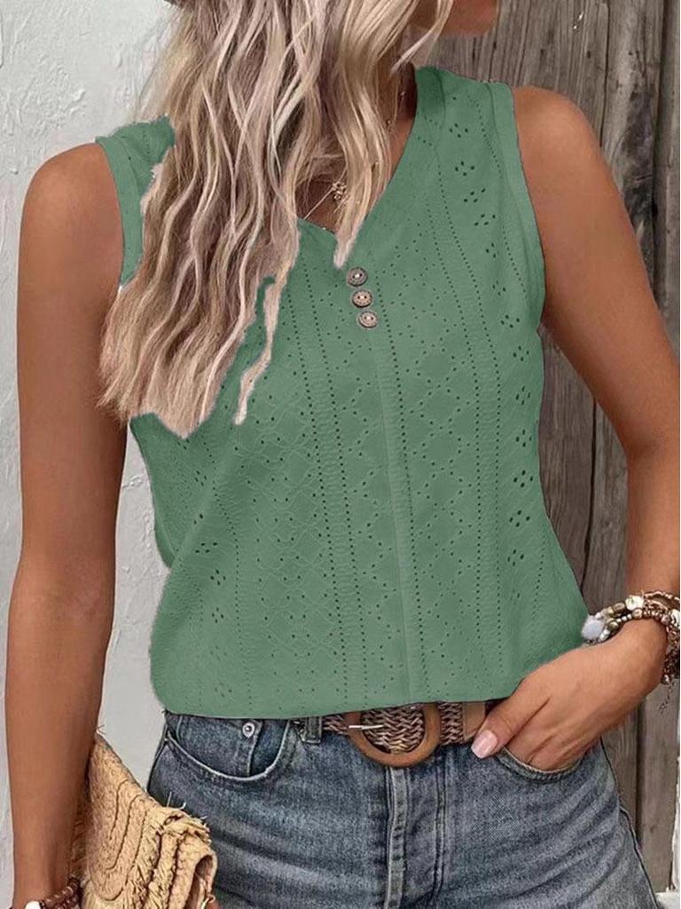 New European and American 2023 Summer Women's Solid Color Casual Round Neck Buttoned Vest T-shirt.