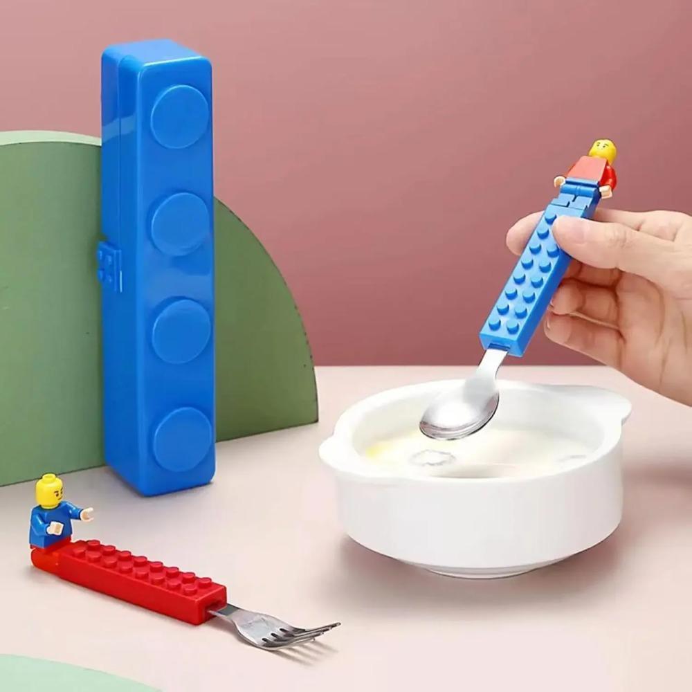 Building Block Cutlery Spoon Set Blue and Red Set Toddler Cutlery and Building Block Toy Spoon and Fork Box Easy To Clean