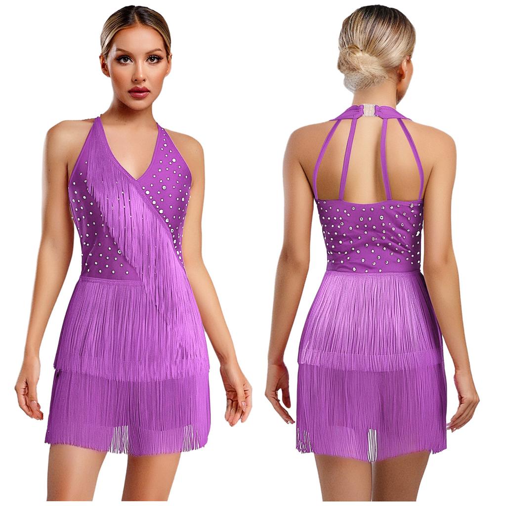 S-3XL Women Dance Bodysuit Halter Neck with Rhinestones Fringed Back Latin Tango Salsa Jazz Performance Costume Leotard