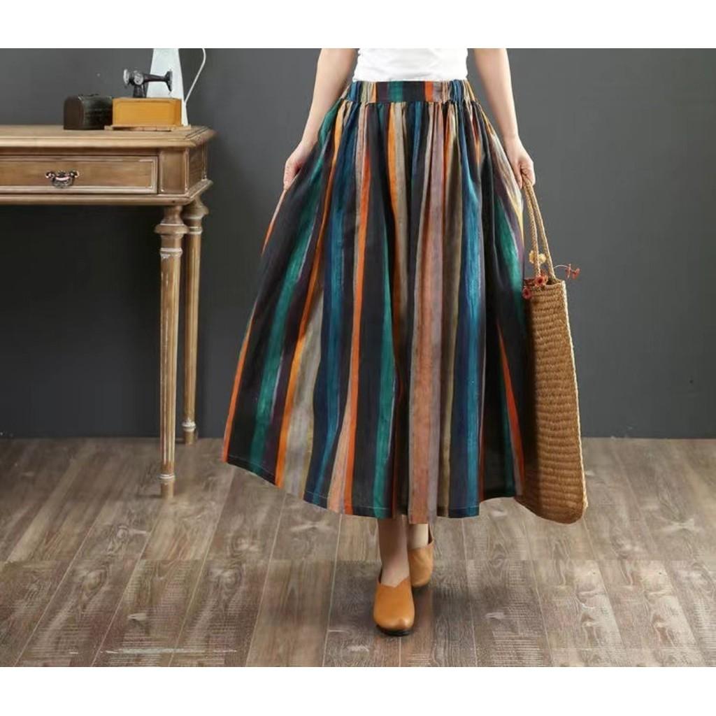 Qooth Женская хлопковая плиссированная юбка А-силуэта, льняная в полоску, с широким подолом, средней длины, на резинке, QT2651
