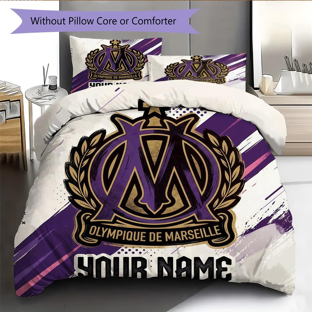 Custom Name Olympique de Marseille Pattern Bedding Quilt Set Home Decoration Gift (1 * duvet cover + 2 * pillowcase without core)