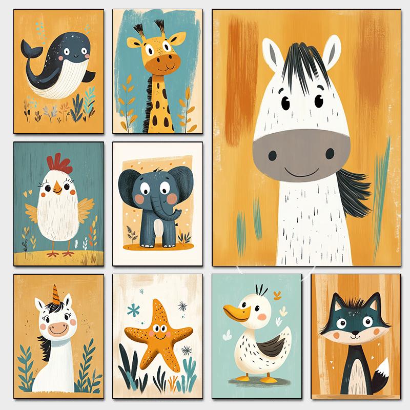 Милые улыбающиеся мультяшные дельфин корова сова единорог постеры выразительные глаза принты холст живопись настенная картина декор для дома детской комнаты