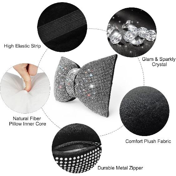 Surpassme 2PCS Rhinestone Car Headrest Neck Pillow For Driving With Bling Bling Crystal Bow Pillow Car Accessories For Women (Silver/White)