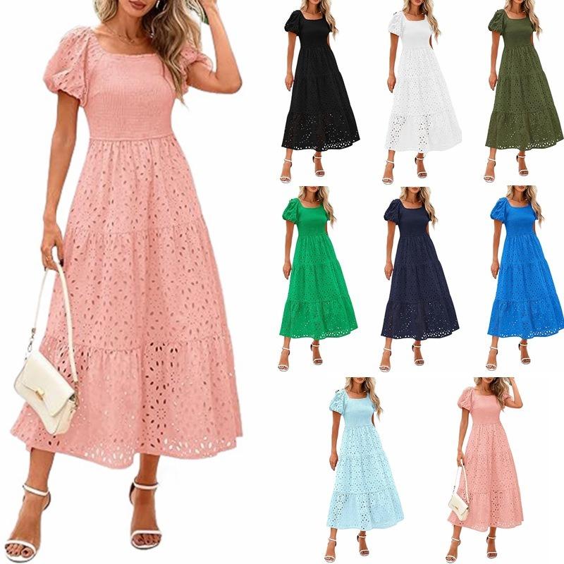 Женское платье с квадратным воротником, рукавами-фонариками, короткими рукавами и сетчатой вставкой