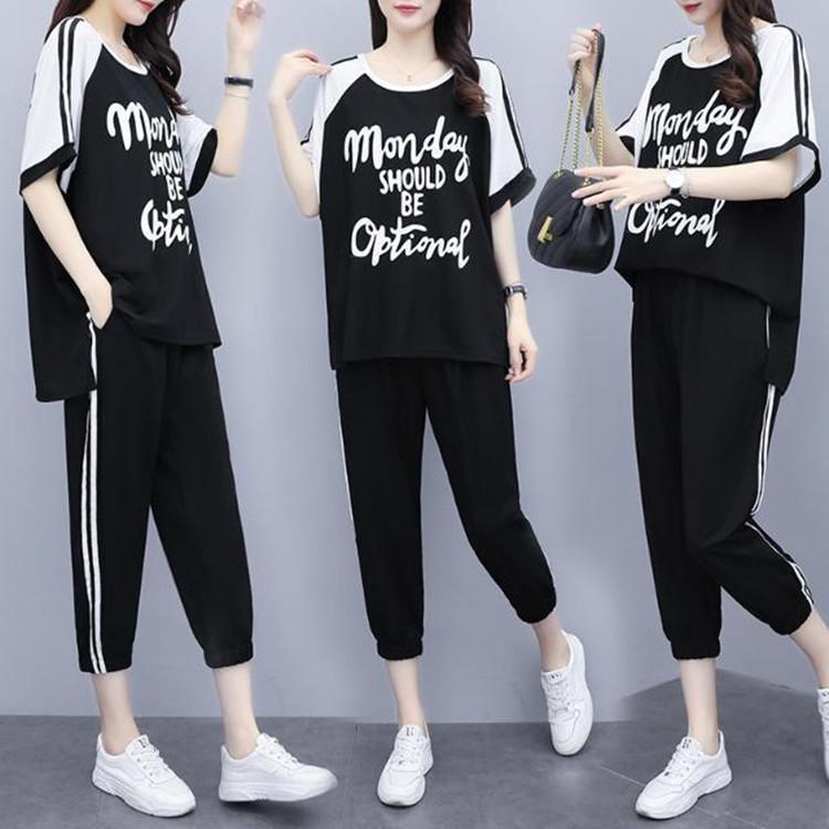 Женский свободный летний комплект одежды больших размеров, новый стиль, топы с короткими рукавами большого размера и брюки длиной семь с половиной