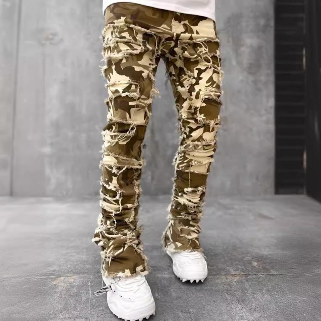 GLYDE Casual Distressed Men's Jeans Tassels Patchwork Design Vintage Washed Stretch Denim Pants Straight Fashion Streetwear Trousers