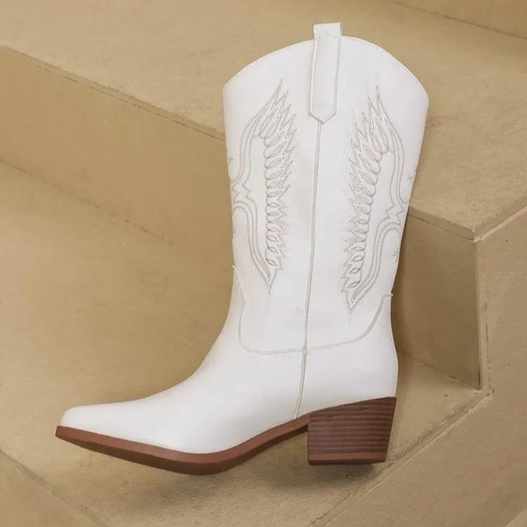 Женские полусапоги на среднем каблуке с острым носком, однотонные, вышитые ковбойские сапоги в западном стиле
