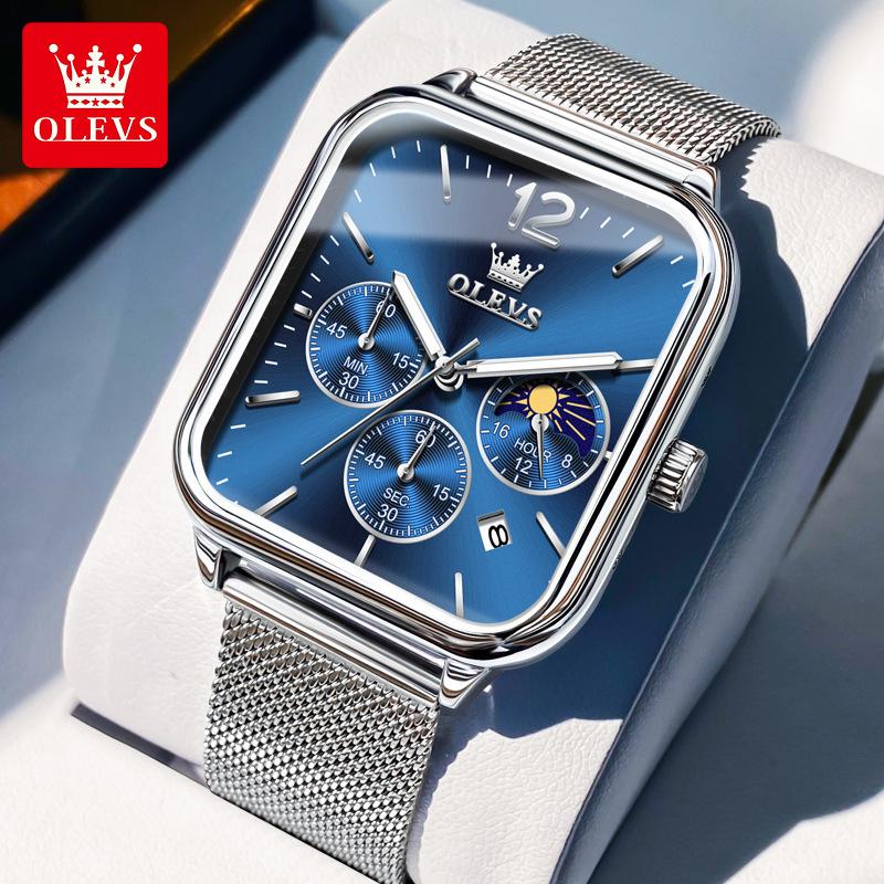 Square Quartz Men's Watch Three Eye Timer Moon Phase Automatic Date Waterproof Luminous Sports Watch