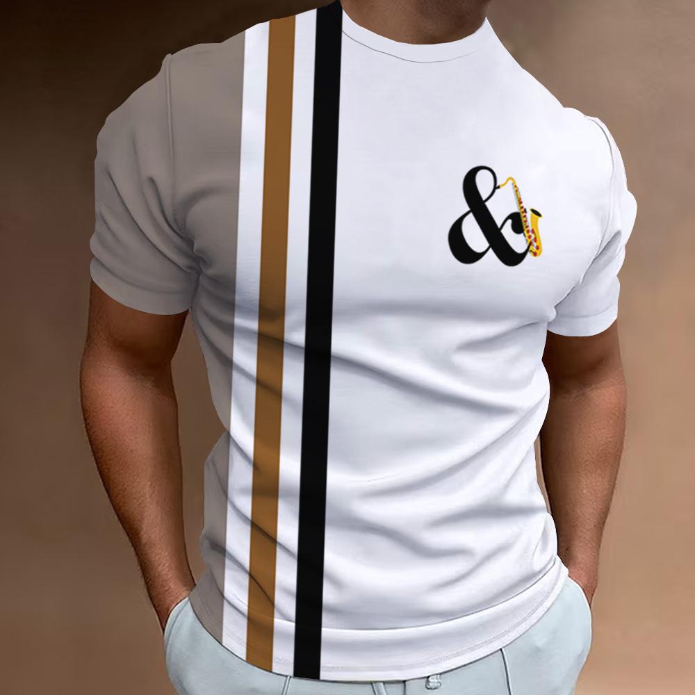 Music Note Pattern 3D Printing Retro Men's Daily Casual Short Sleeved Street Wear Summer Daily Casual Loose Round Neck Top Clothing