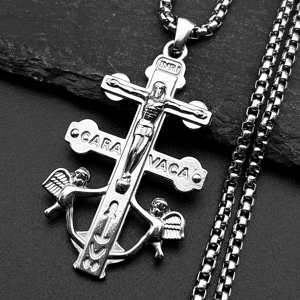 Католический Крест Каравака INRI Распятие Иисуса Ангел Херувим Кулон Ожерелье для Женщин Мужчин Нержавеющая Сталь Золотой Цвет Ювелирные Изделия Подарок
