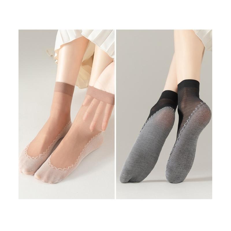 10 Pairs Women Slip-Resistant Cotton Soles Transparent Medium Tube Silk Socks