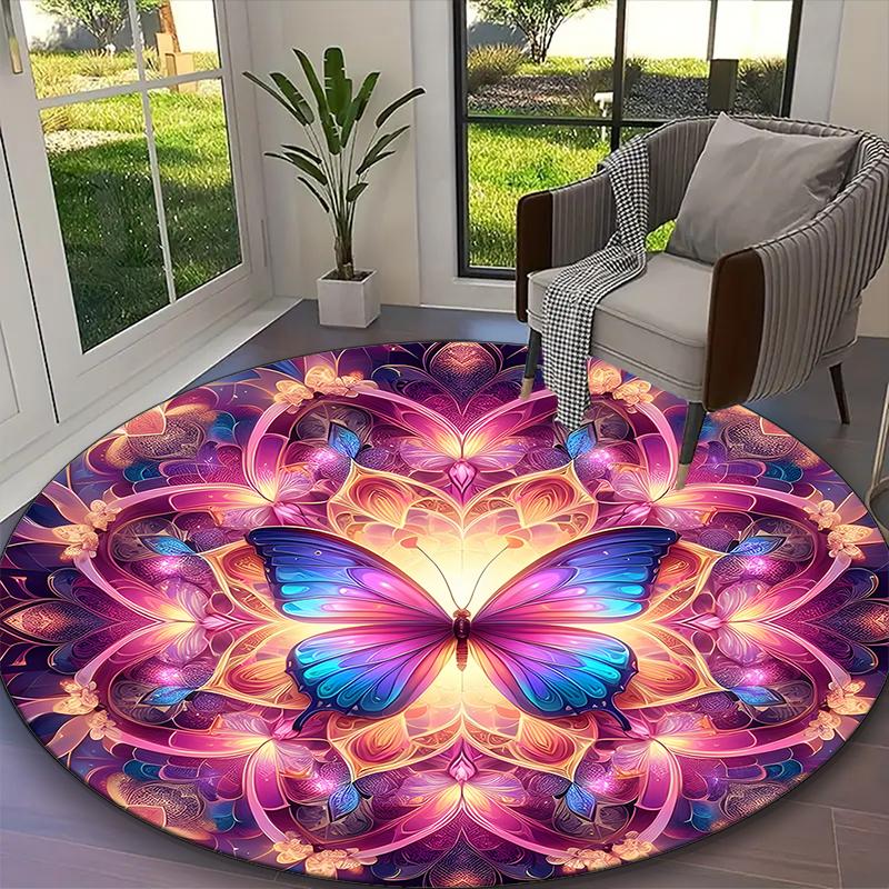 Butterfly Rug Ideal for Reading Room, Multi-purpose Office Chair Sofa Carpet, Anti-slip Printed Home Round Rug