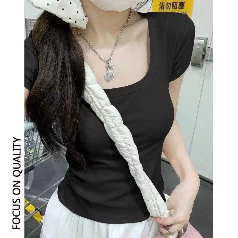 Short square neck short-sleeved threaded trendy T-shirt girls short-sleeved high-waisted bottoming shirt solid color slim-fitting and thin