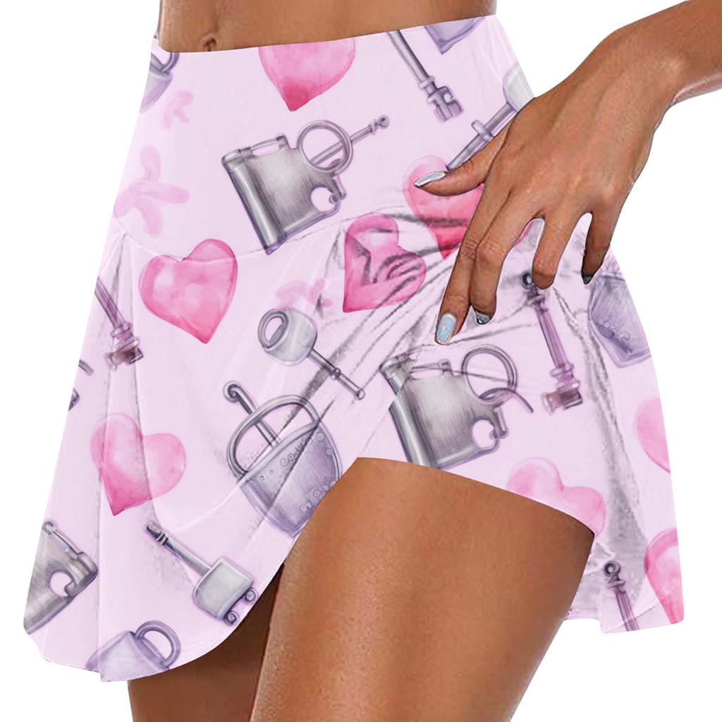 Женская мода с принтом на День Святого Валентина, повседневная спортивная фитнес-беговая йога, теннисная юбка, плиссированная короткая юбка, шорты, полуюбка