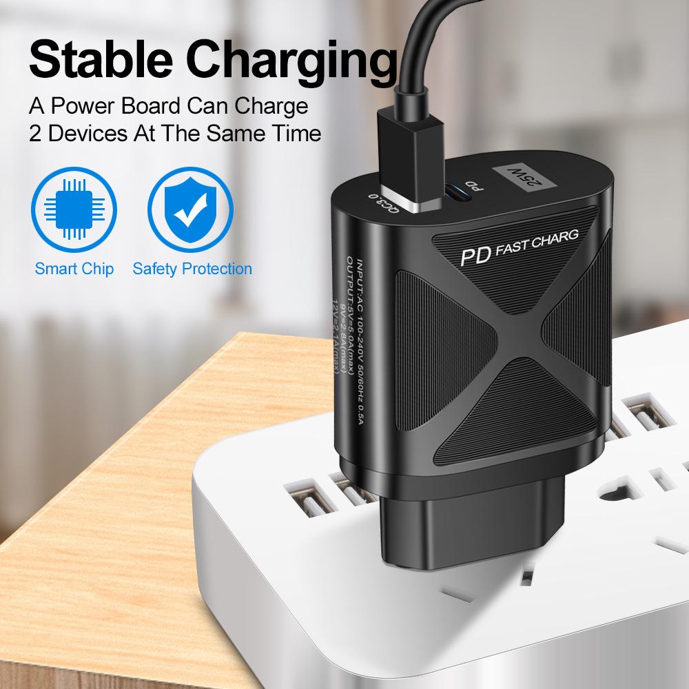 Светодиодная быстрая зарядка 25 Вт с двумя портами и поддержкой PD+QC3.0 для мобильных телефонов - стандарты США/ЕС/Великобритании