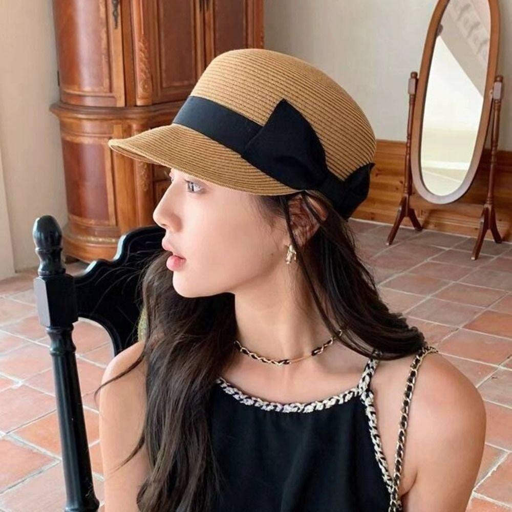 French Bow Straw Cap Summer Equestrian Hat Retro Woven Straw Cap Ladies/Girls