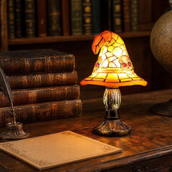 Halloween Witch Hat Table Lamp, USB Stained Glass Witch Hat Lamp, Vintage Gothic Wizard Hat Decorative Night Light for Home, Bedroom