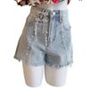 Elegant and Fashionable Women's Denim Shorts - High Waist, Slimming, Buckle, Beaded, Fringed, Wide Leg Shorts