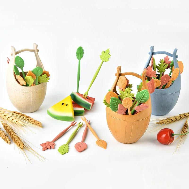 Набор биоразлагаемых вилок для фруктов, 16 шт., из пшеничной соломы, в форме листьев, десертные вилки, для салата, овощей, для барбекю, вечеринки, коктейльные вилки, шпажки, декор стола