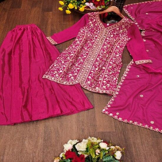 Vibrant Magenta Embroidered Sharara Suit with Intricate Work