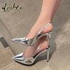 French Spike Silvery Slender Heel High Heeled Pumps Shoes 2024 New Fashion Simple All-match Solid Color Women Sandals Summer