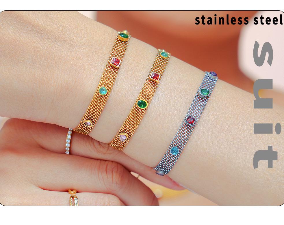 Комплект ожерелья и браслета Mili Colorful Zircon с геометрической сетчатой цепочкой из невыцветающей титановой стали