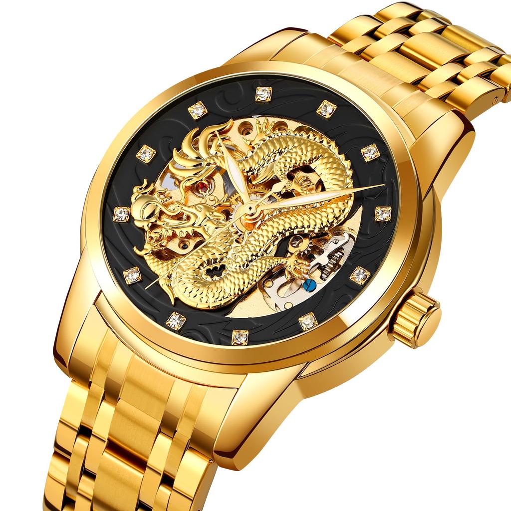 Часы Dragon Golden для мужчин, водонепроницаемые наручные часы для мужчин, из нержавеющей стали, автоматические механические часы для мужчин