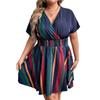 Летнее женское платье больших размеров с v-образным вырезом и полосатой талией, платья с короткими рукавами
