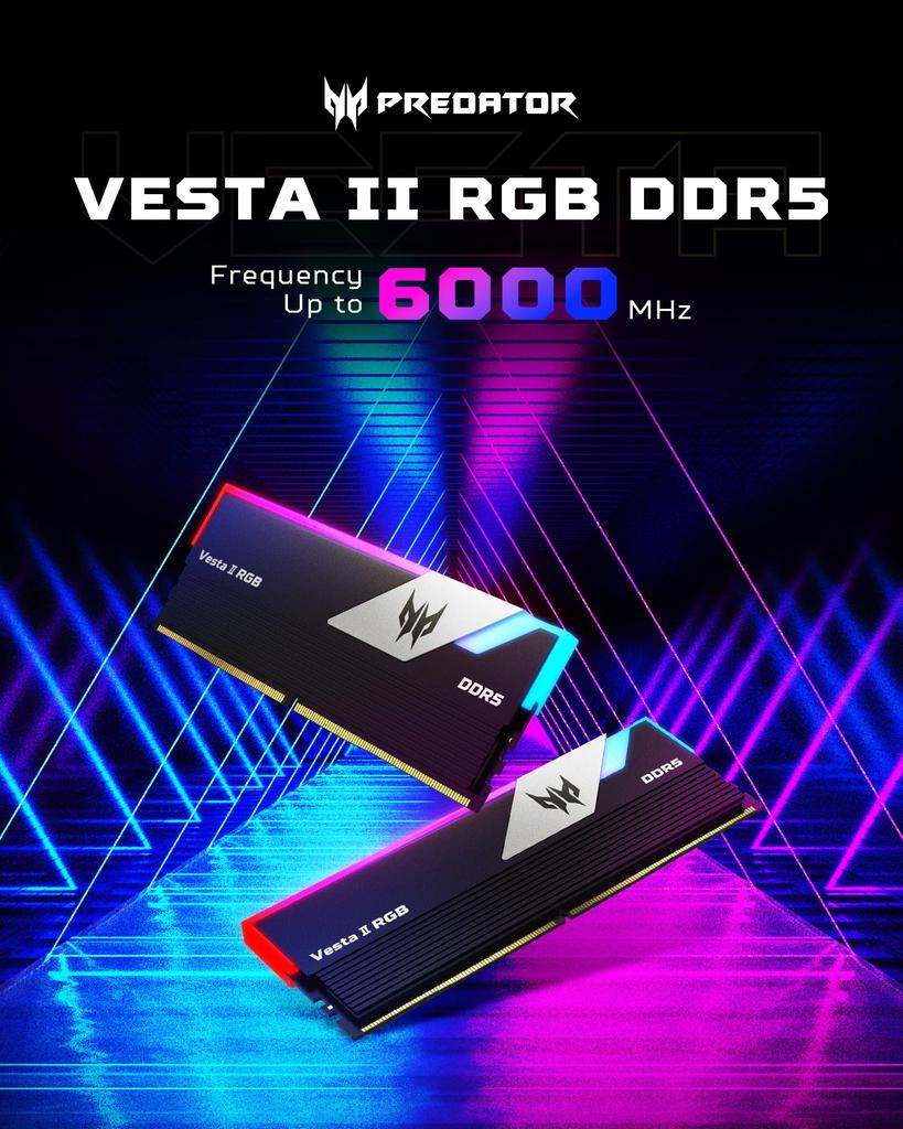 Acer Predator Vesta II DDR5 6000MHz Desktop PC Memory 64GB X CL30 RGB Series Intel XPM Compliant AMD EXPO Memory Kit Black (32GB 2) (Emissive)