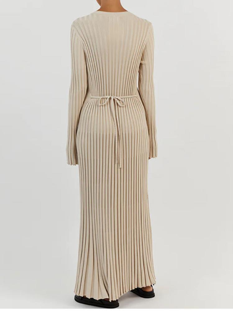 Сплошное цветное вязаное платье с круглым вырезом и длинными рукавами, женское плиссированное тонкое белое длинное платье, женская офисная уличная одежда, Vestido