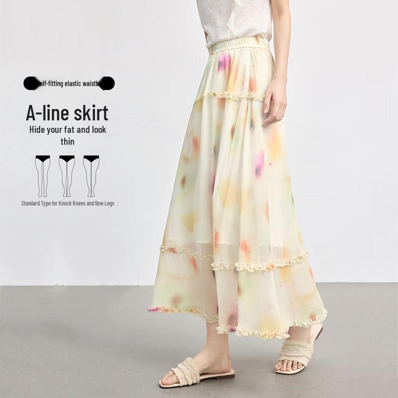 Sllsky Oil Painting Print High-Waisted Ruffled Cake Maxi Skirt