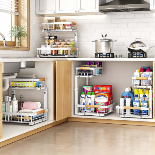 ХАСОНА Хранение под раковиной, Выдвижное кухонное хранилище, Набор из 2 штук, L-образный, 2-ярусный ящик, Стеллаж для хранения под раковиной, Хранение приправ, Металл, Регулируемый H