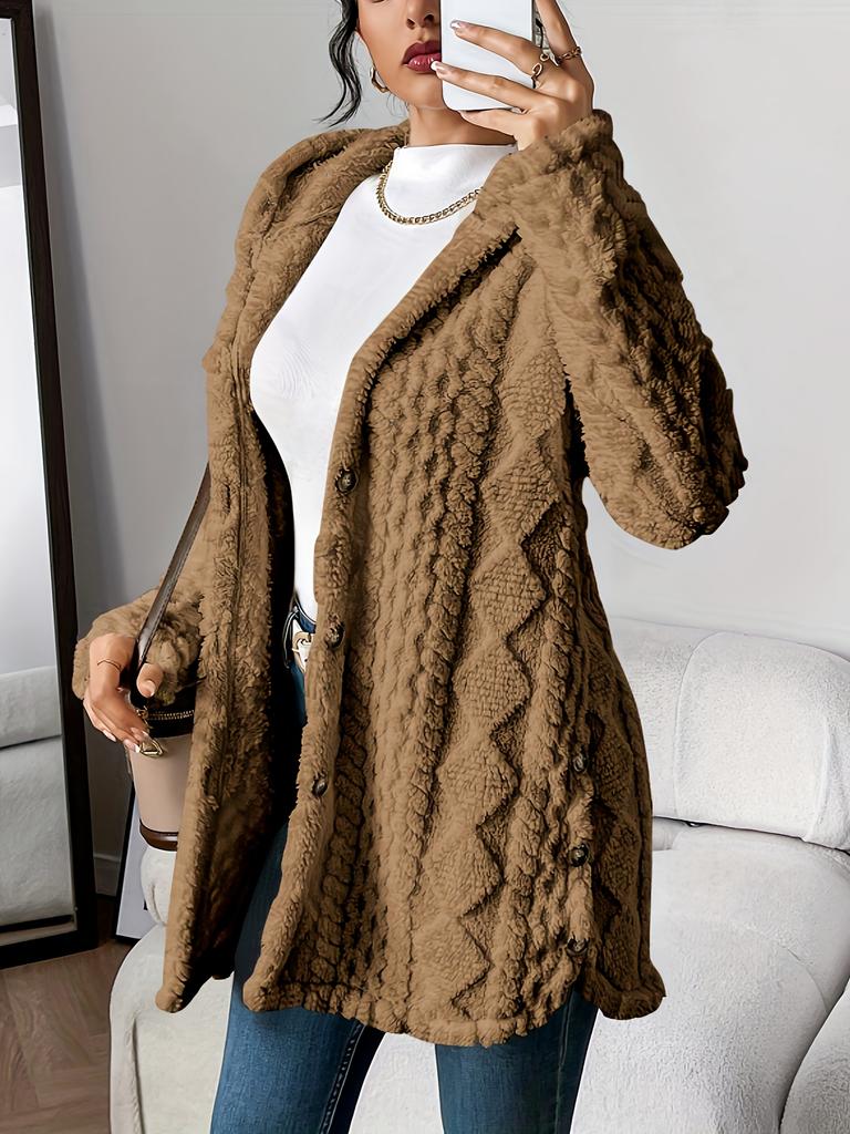 [Cozy Winter Cardigan] Warm & Cozy Women's Winter Plush Diamond-Patterned Hooded Cardigan | Longline Loose Fit Open Front Long Sleeve Coat