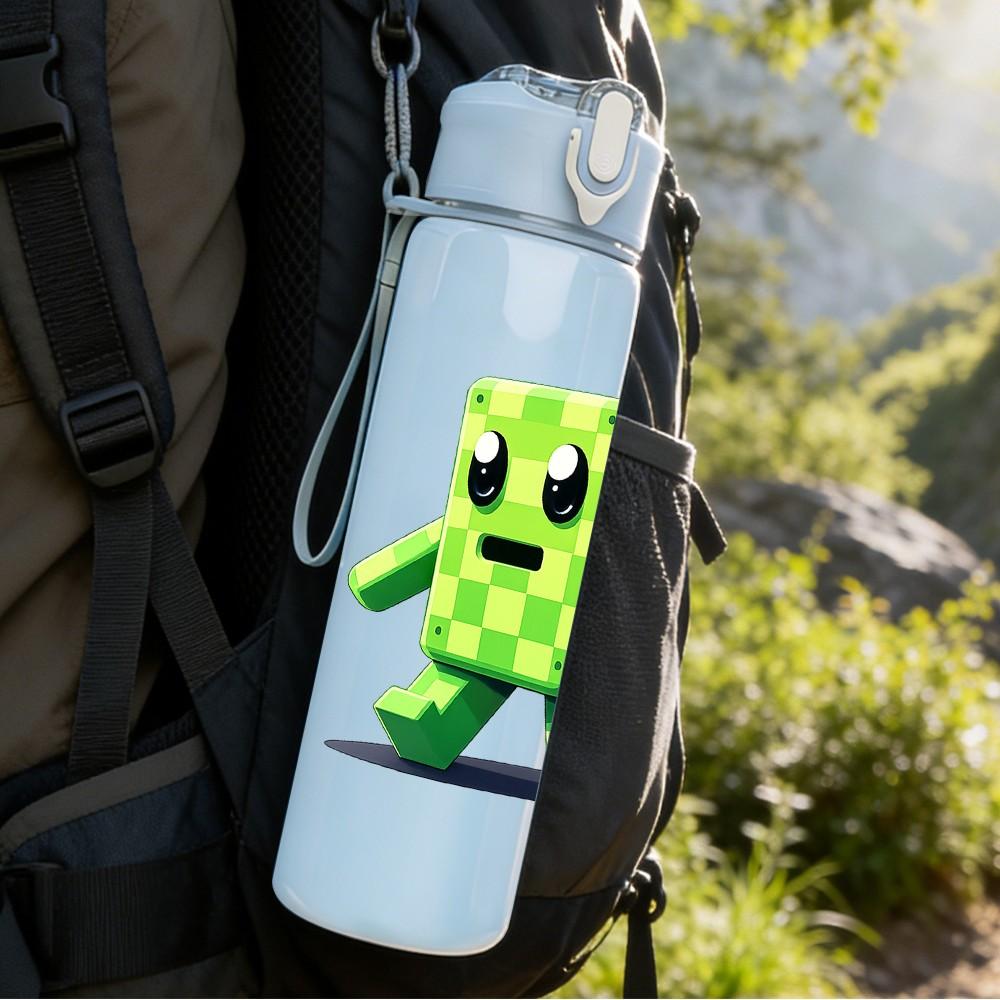 1PC Green Block Game Character Print 750ml Color Plastic Sports Water Bottle Leakproof Flip Straw Lid Suitable for Sports Office Home Use