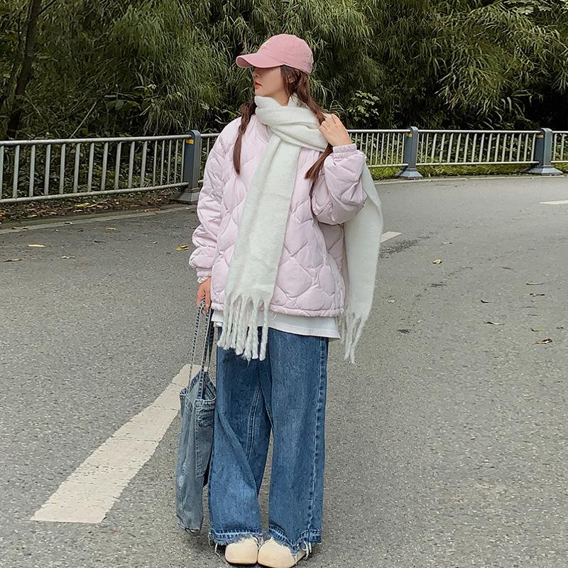 Новая тонкая куртка с хлопковой подкладкой Осень и Зима Короткая с крупным ромбовидным узором Без воротника Куртка с хлопковой подкладкой Куртка для пар