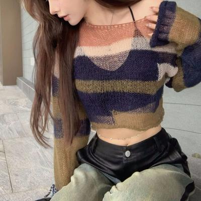 Ажурная полосатая трикотажная рубашка с открытыми плечами Pure Desire Spicy Girl, верхняя часть, женская базовая рубашка Design Sense