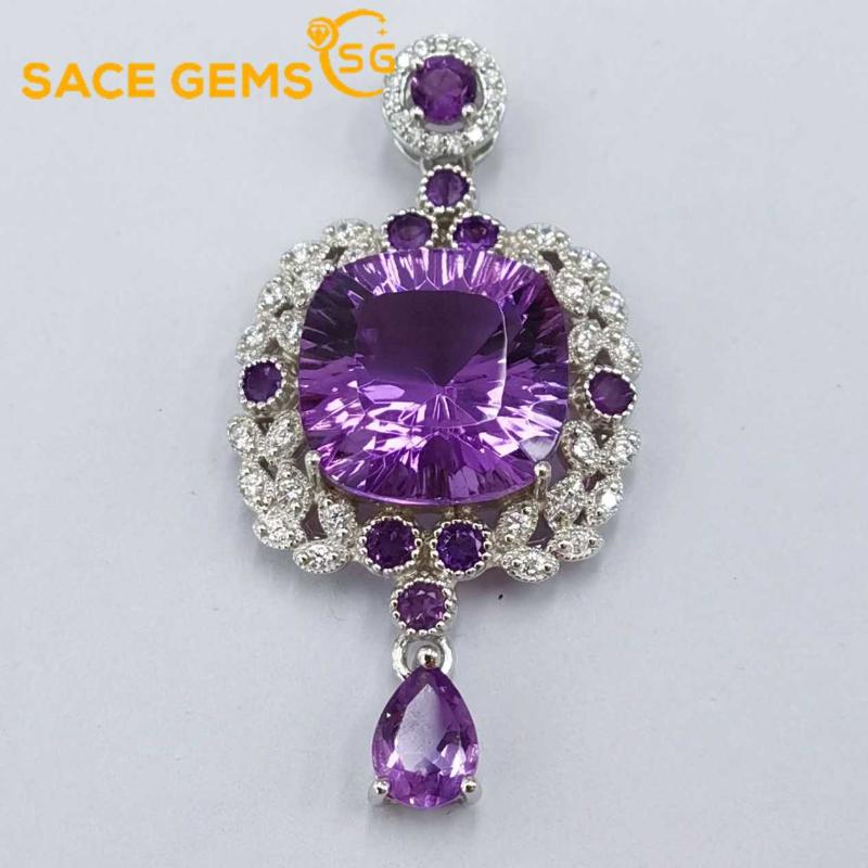 Sace Gems S925 стерлингового серебра 13 мм натуральный аметист кулон ожерелья для женщин помолвка коктейльная вечеринка ювелирные изделия