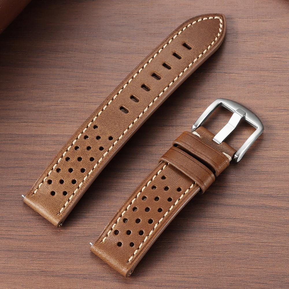 20mm 22mm Leather Watch Strap Breathable Porous Quick Release Bracelet for Seiko for Rolex Vintage Stitched Replacement Bracelet