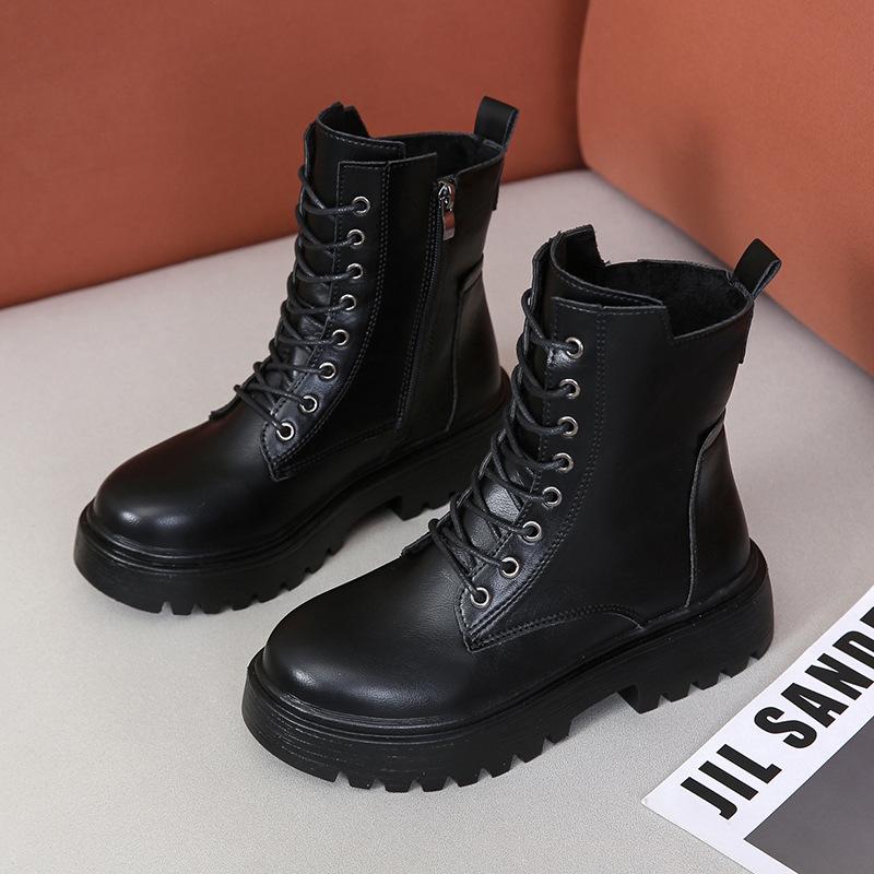 Women's Leather Boots Fashion Outdoor Casual Ankle Boot Lace-up Platform Boot Classic Leather Short Boots Women Motorcycle Boots