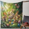 Spring Garden Easter Bunny Egg Throw Blanket Vivid Green Forest Floral Warm Blanket for Couch Trip Holiday Household Kid Room