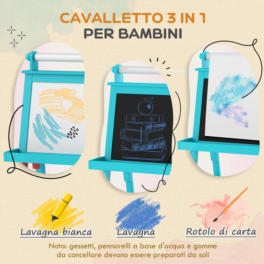 3 in 1 Kids Easel Double-Sided Magnetic Whiteboard and Chalkboard with Paper Roll, Storage Baskets - Blue