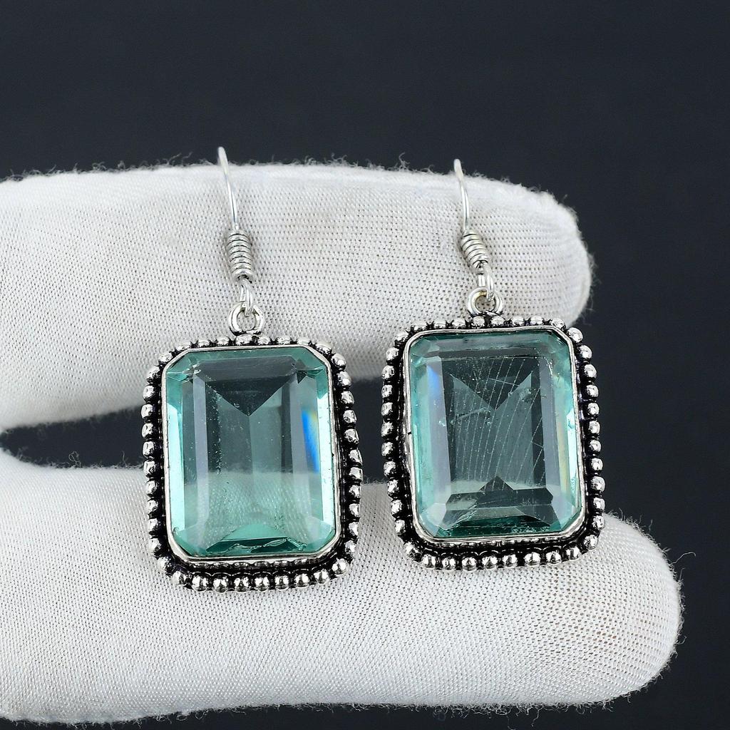 Green Apatite Gemstone Earring, 925 Sterling Silver Earring, Boho Silver Earring Jewelry, Bohemian Earring For Gifts, Women Jewelry Earring