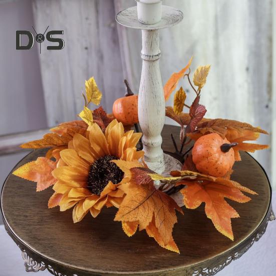 Halloween Candle Ring Wreath Artificial Pumpkin Sunflower Maple Leaf Wreath Pillar Candle Holder for Wedding Home Table Decoration