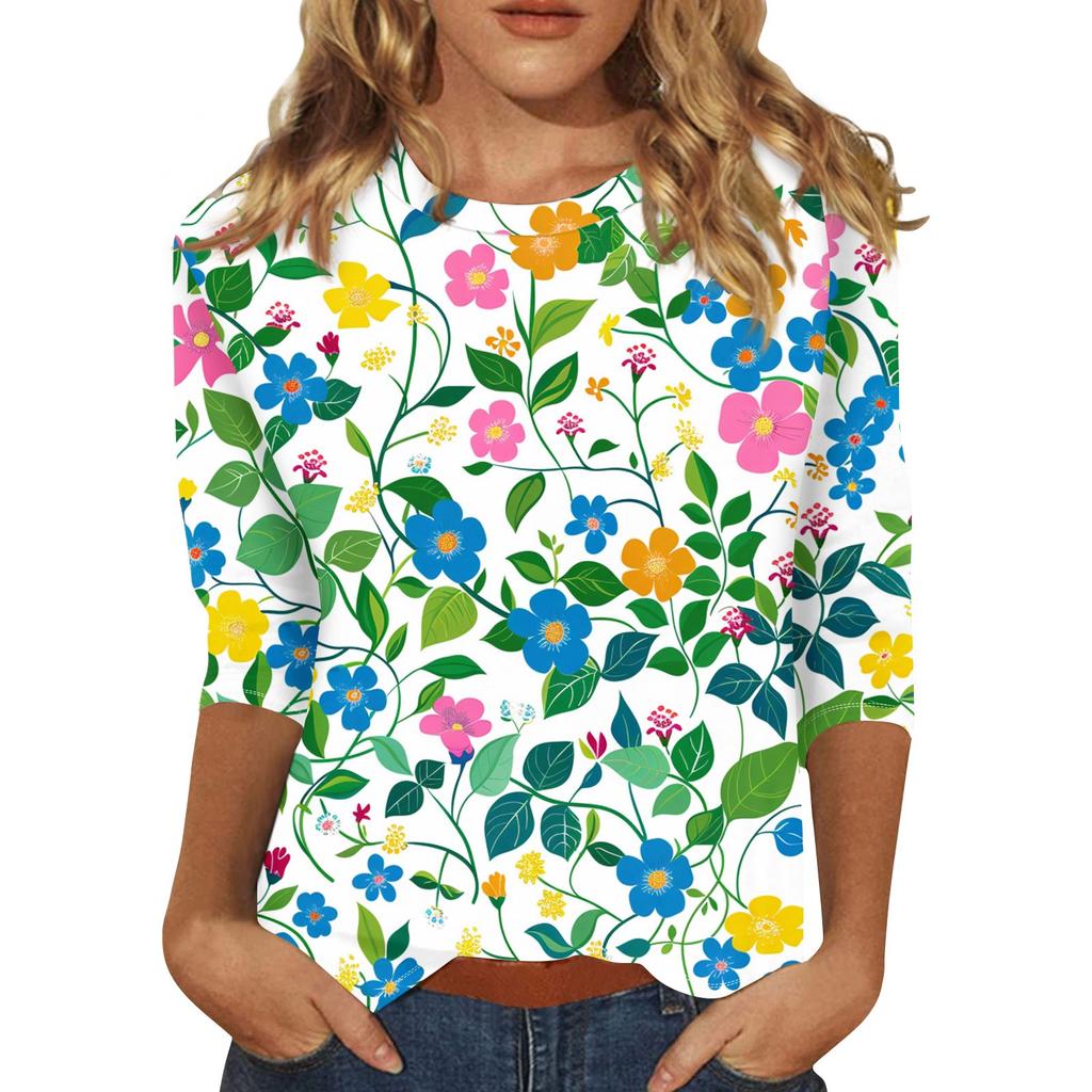 Женский топ с цветочным принтом, круглым вырезом и рукавами три четверти Футболка Футболка с рукавами три четверти