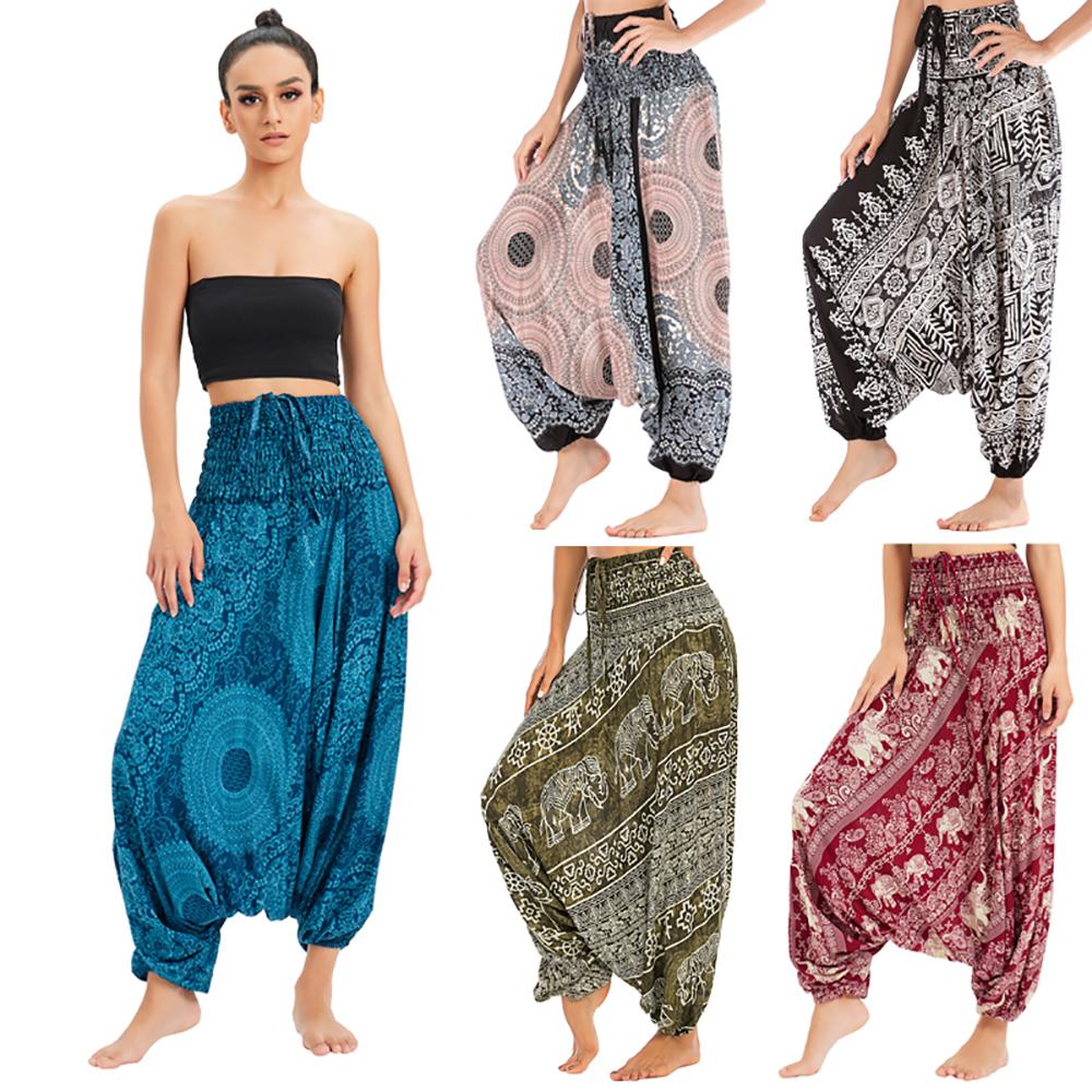 Богемные Штаны Женские Pantalones Mujer Хиппи Высокая Талия Вискоза Гарем Широкие Бохо Йога Пляжная Одежда Calca С Принтом